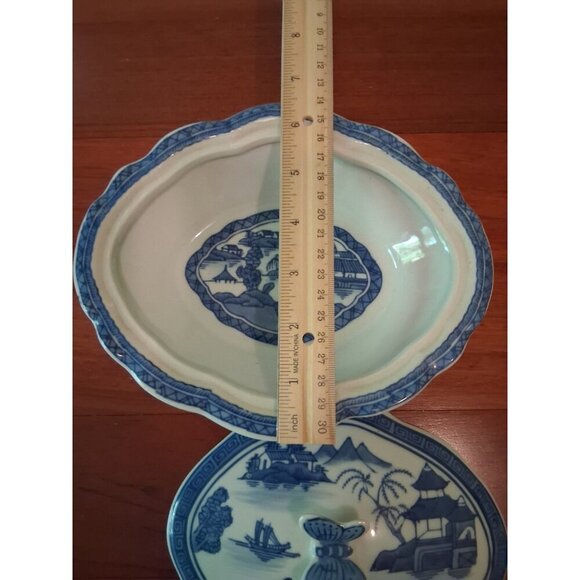Blue and White Lidded Dish Butterfly Handle Canton Chincoserie 8 x 6.5 In - Picture 9 of 9